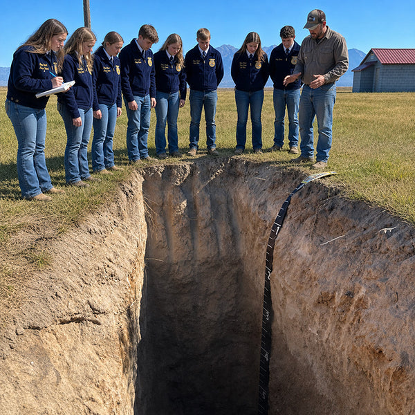 FFA Students standing around an open soil pit while and instructor explains