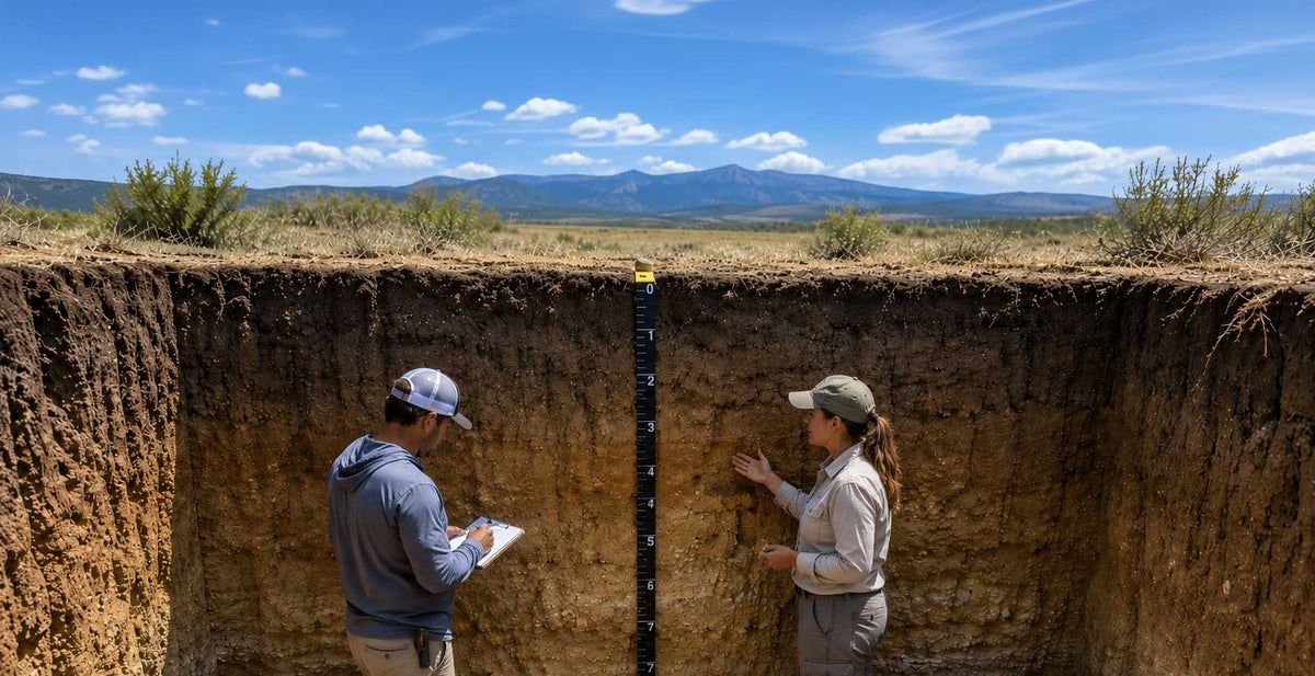 Pedon Tape soil profile tape hanging in a soil pit while two field scientists describe horizon depths